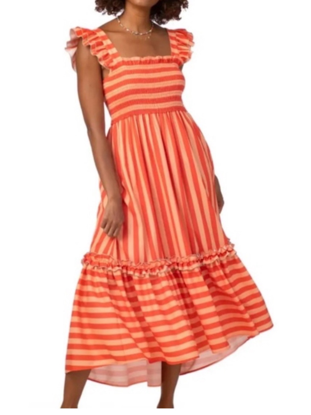 CROSBY by Mollie Burch Coral and orange Striped Ruffle Maxi Dress